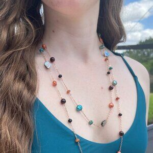 Long Gemstone and Pearl Necklace in Rose Gold with Abalone